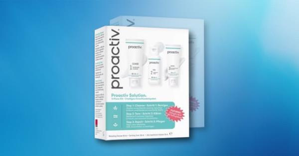 Proactiv skincare packaging on a blue background